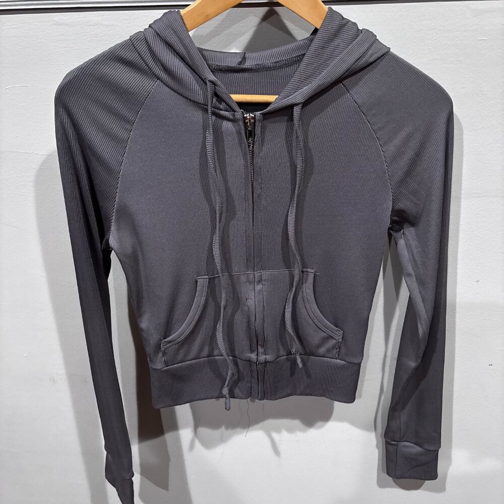 SHEIN ribbed grey women zip up cropped hoodie SZ: Small